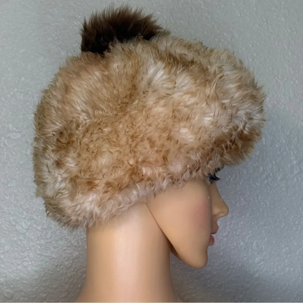 Vintage Original Tuscan Lamb Fur Hat Beanie Cream Brown Made In Italy